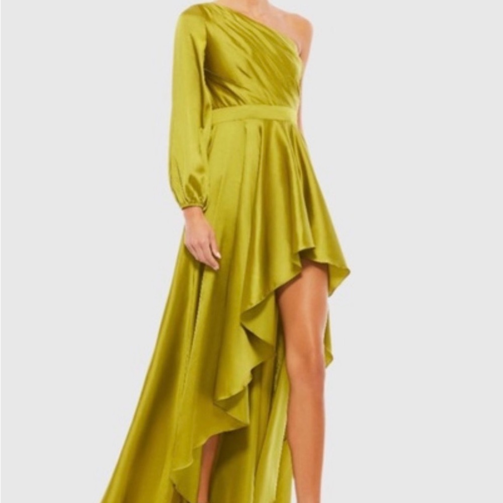 Mac Duggal One-Shoulder Olive Green High-Low Gown